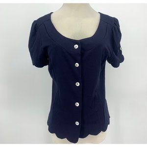 Tulip B Scallop Edge Trim Short  Sleeve Button Front Top NEW - Navy Blue